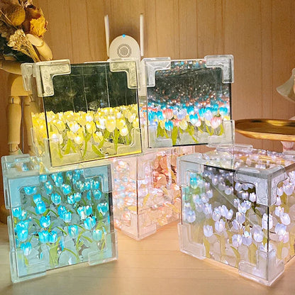 Tulips in Crystal Box – LED Night Light for Bedroom, Unique Flower Table Lamp